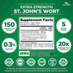 Zazzee St John's Wort 150 vegan capsules nutritional facts label and standardized hypericin percentage.