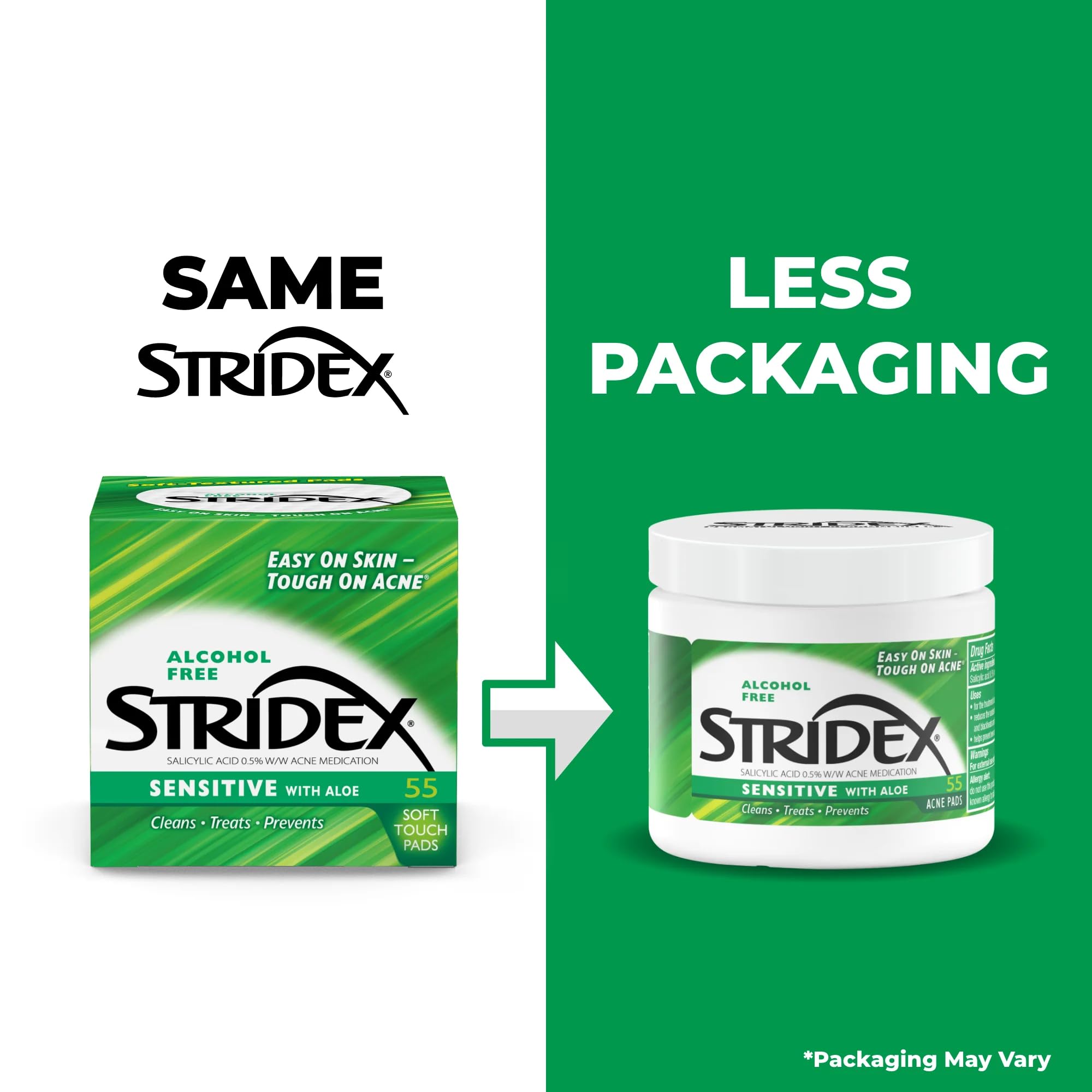 Stridex alcohol free acne treatment pads packaging side profile