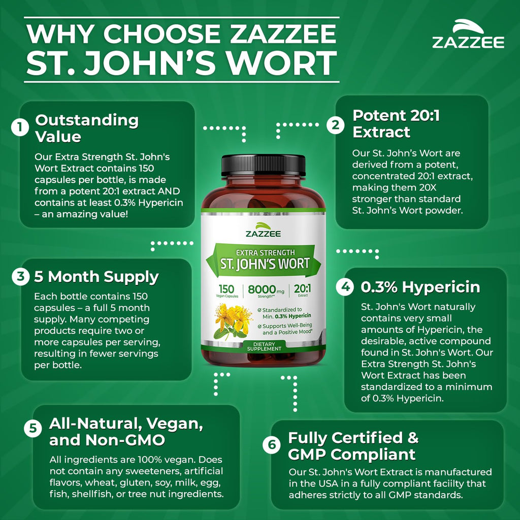 Side view of Zazzee Naturals St John's Wort bottle highlighting clean vegetarian ingredients.