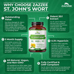 Side view of Zazzee Naturals St John's Wort bottle highlighting clean vegetarian ingredients.