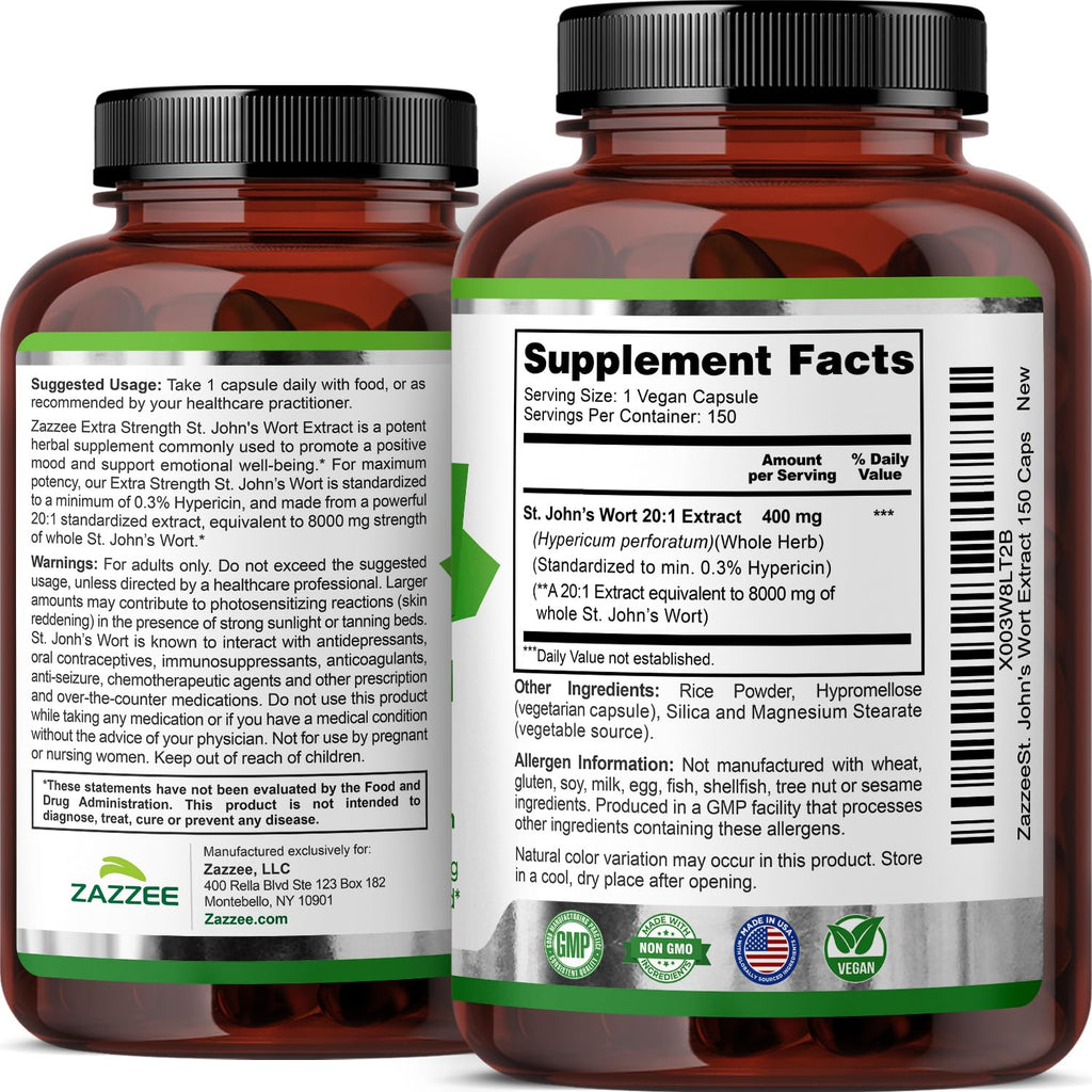 Zazzee Naturals emotional well being supplement bottle showing certified cGMP manufacturing icons.