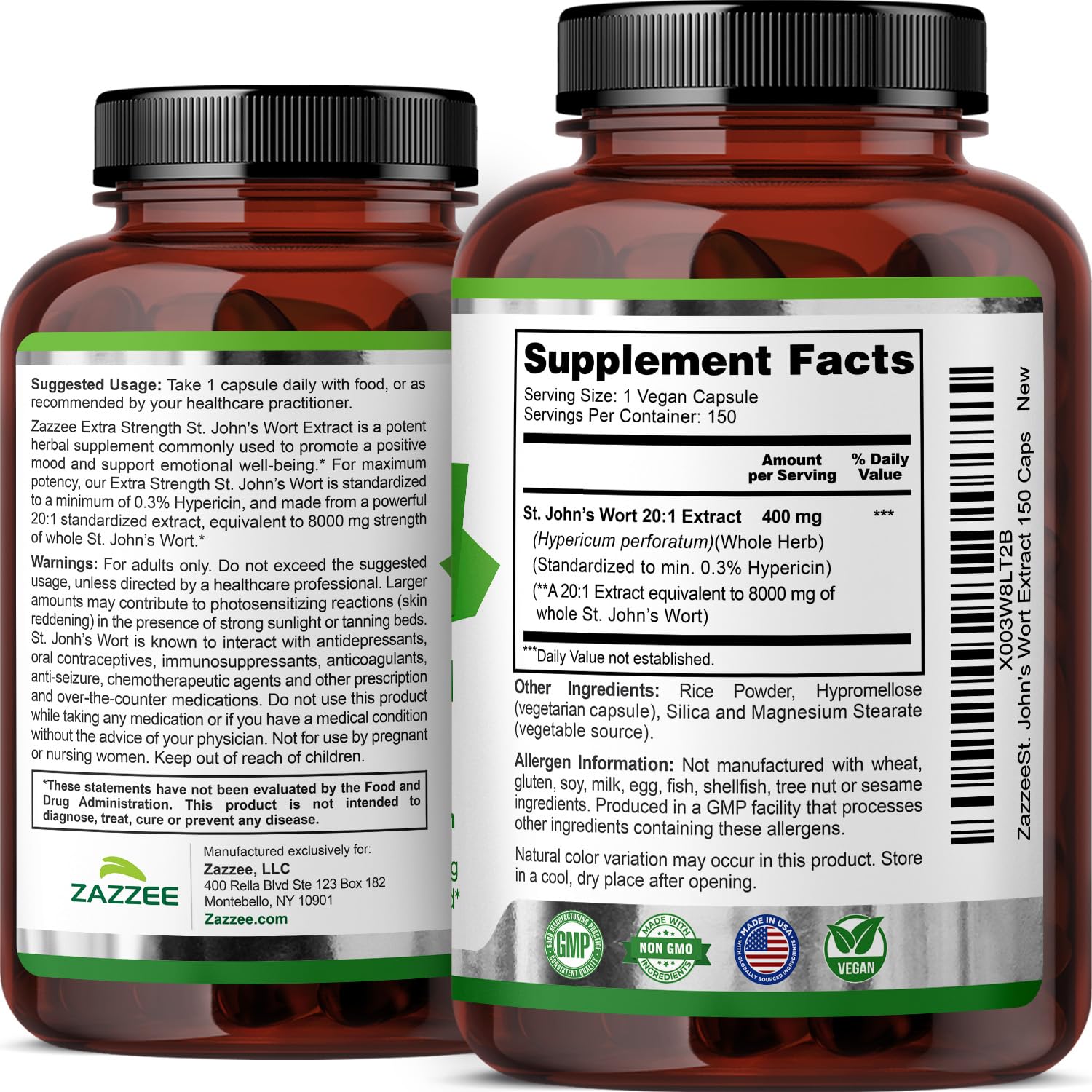 Zazzee Naturals emotional well being supplement bottle showing certified cGMP manufacturing icons.