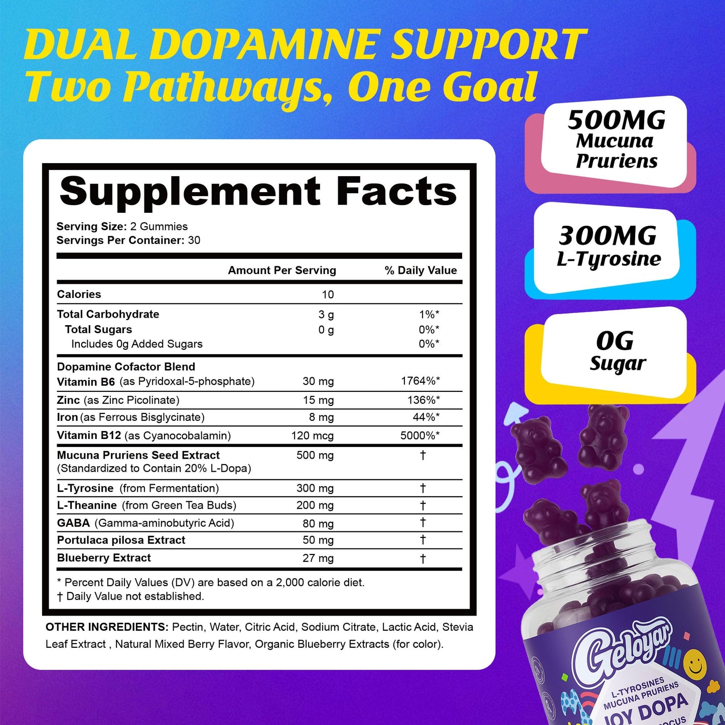 Geloyar Joy Dopa blueberry flavored gummies for daily motivation and mental clarity.