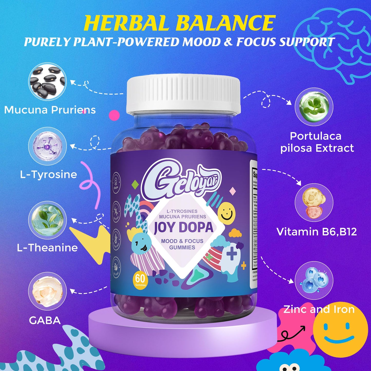 Close up view of the vegan blueberry focus gummies from Geloyar.