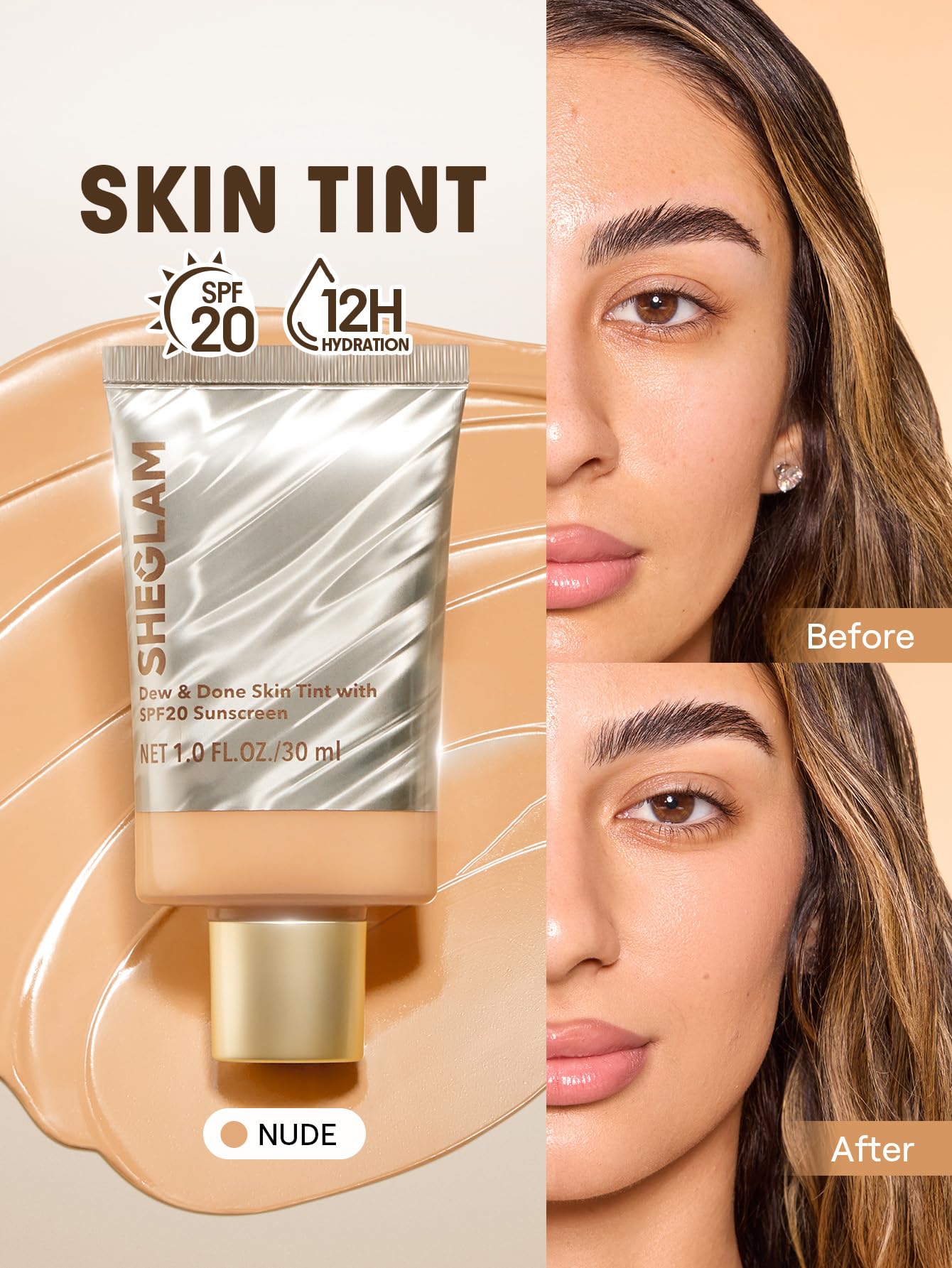 SHEGLAM light-medium coverage liquid foundation bottle displayed against a clean background highlighting the Nude shade.