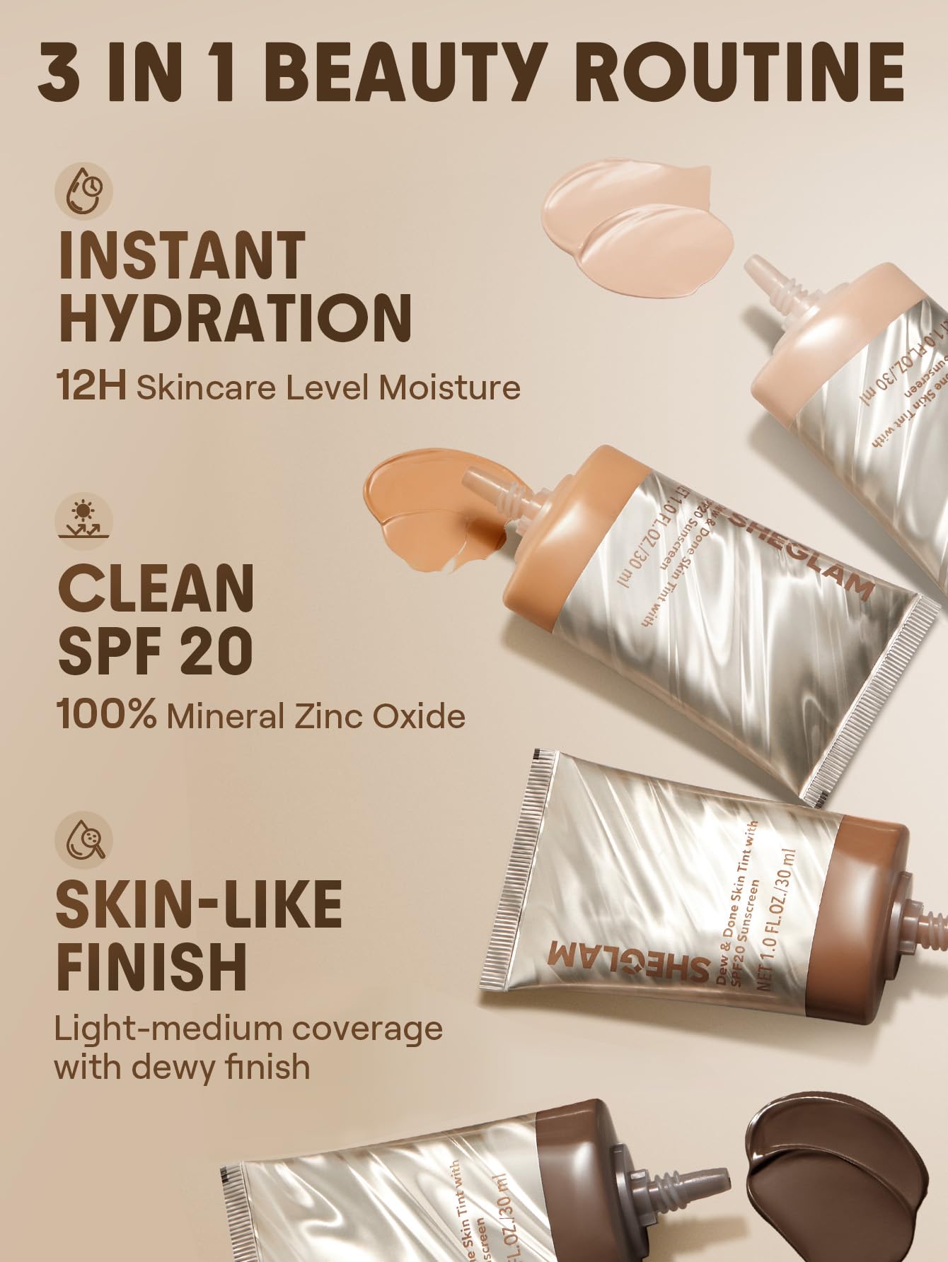 Authentic USA imported SHEGLAM moisturizing foundation bottle showing the SPF 20 zinc oxide protection label.