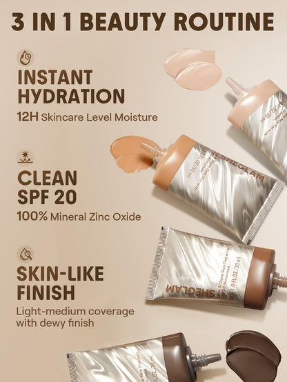 Authentic USA imported SHEGLAM moisturizing foundation bottle showing the SPF 20 zinc oxide protection label.