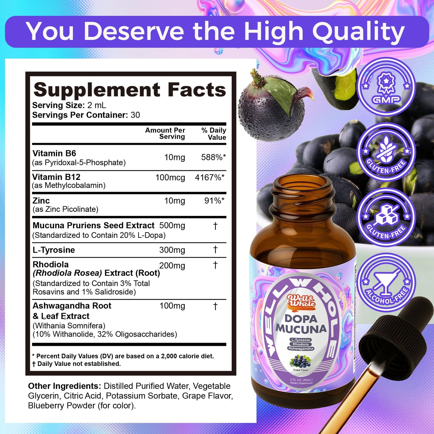 Well&Whole Dopa Mucuna liquid supplement packaging showing grape flavor details.
