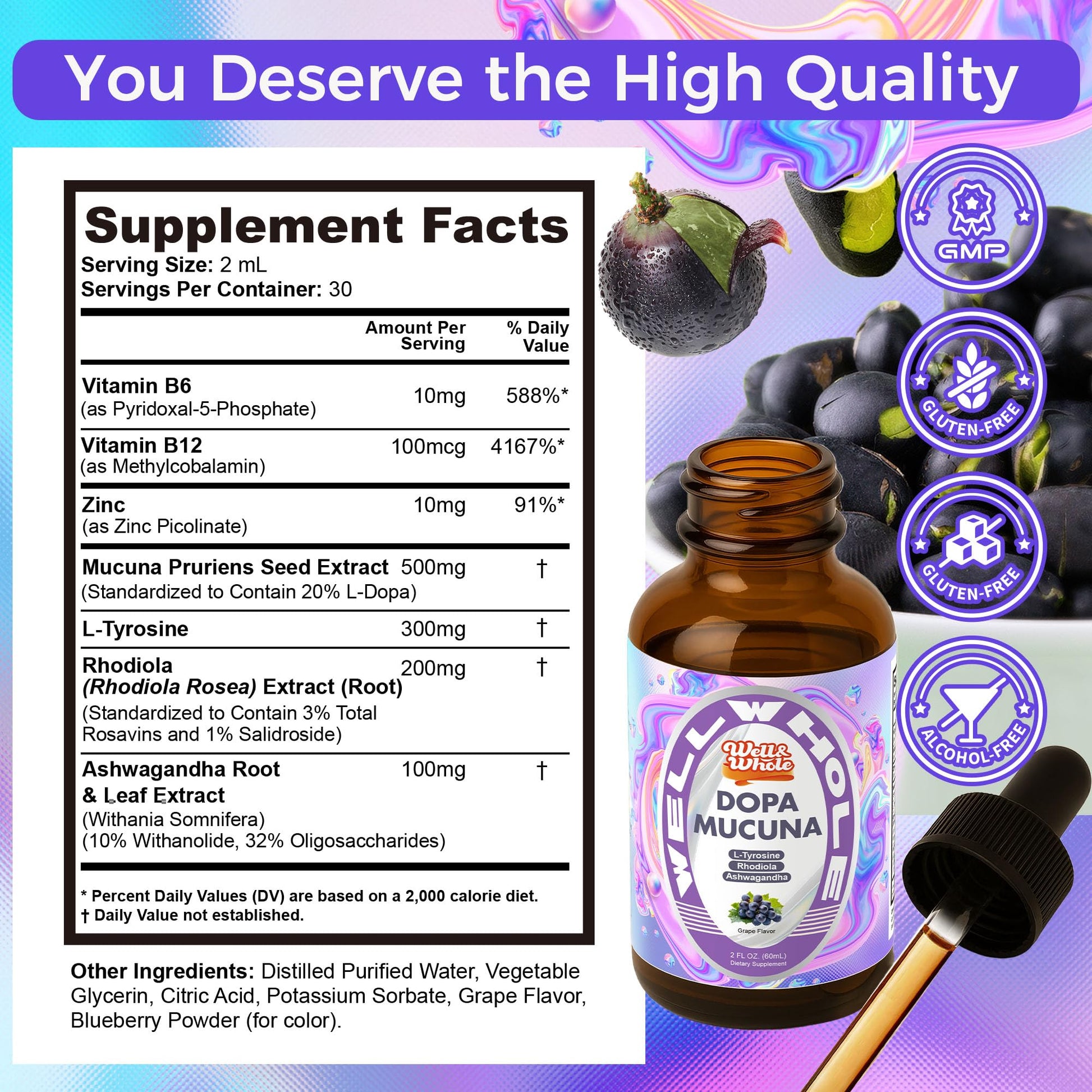 Well&Whole Dopa Mucuna liquid supplement packaging showing grape flavor details.