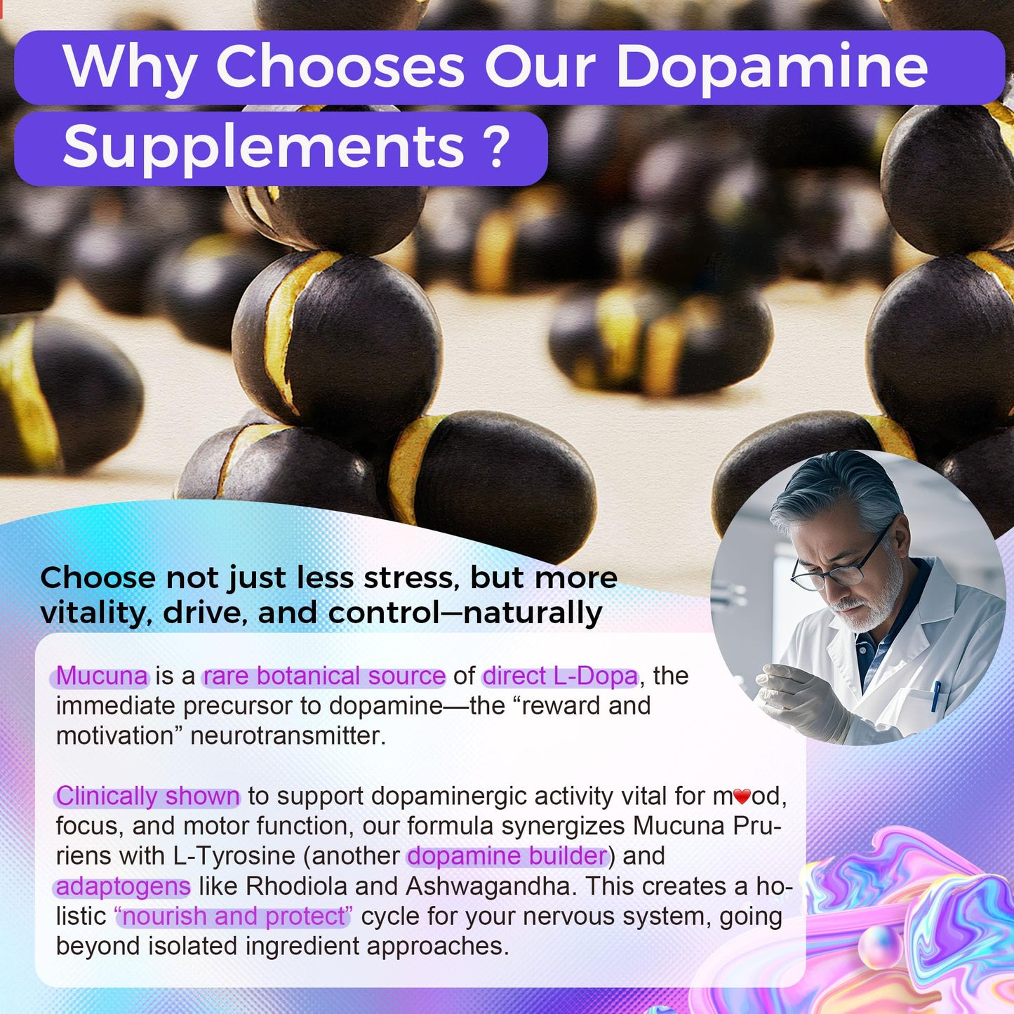 Side view of Well&Whole natural dopamine supplement liquid highlighting ingredients like Ashwagandha and Rhodiola.