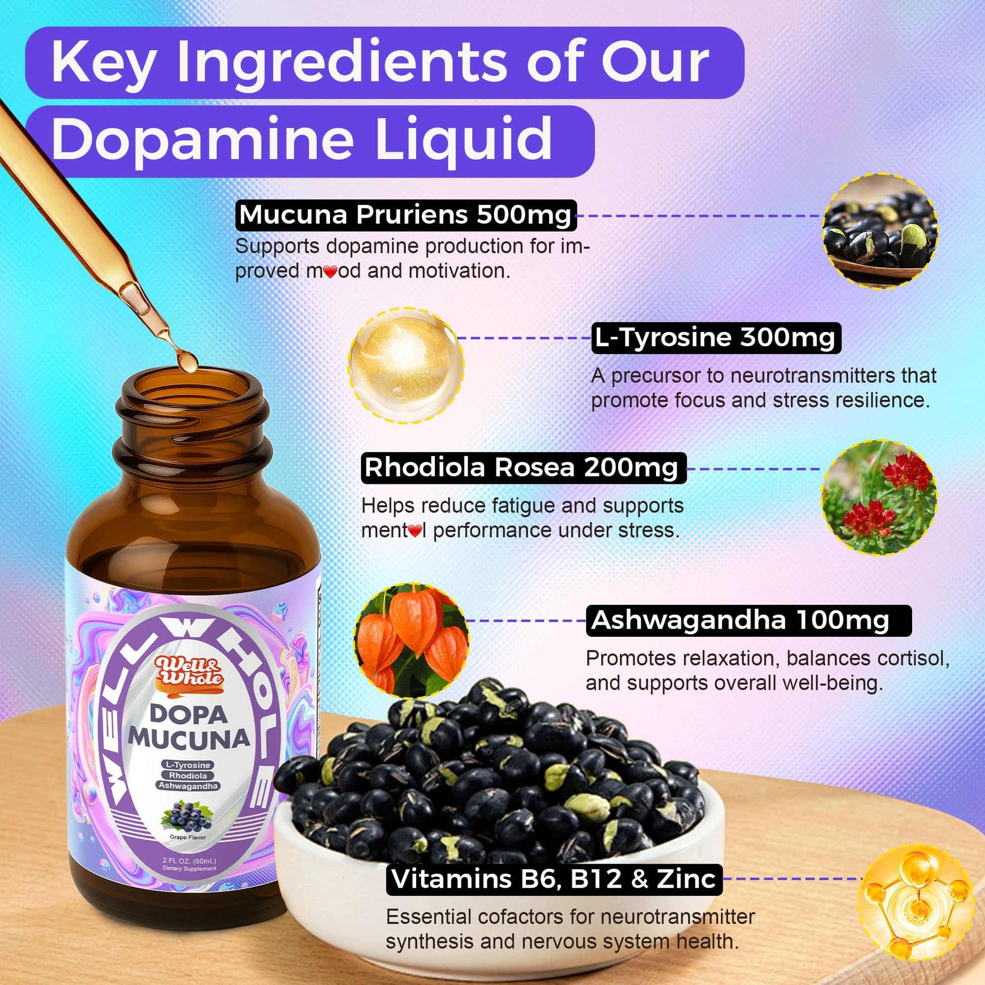 Well&Whole vegan and sugar free cognitive support liquid dropper close up.