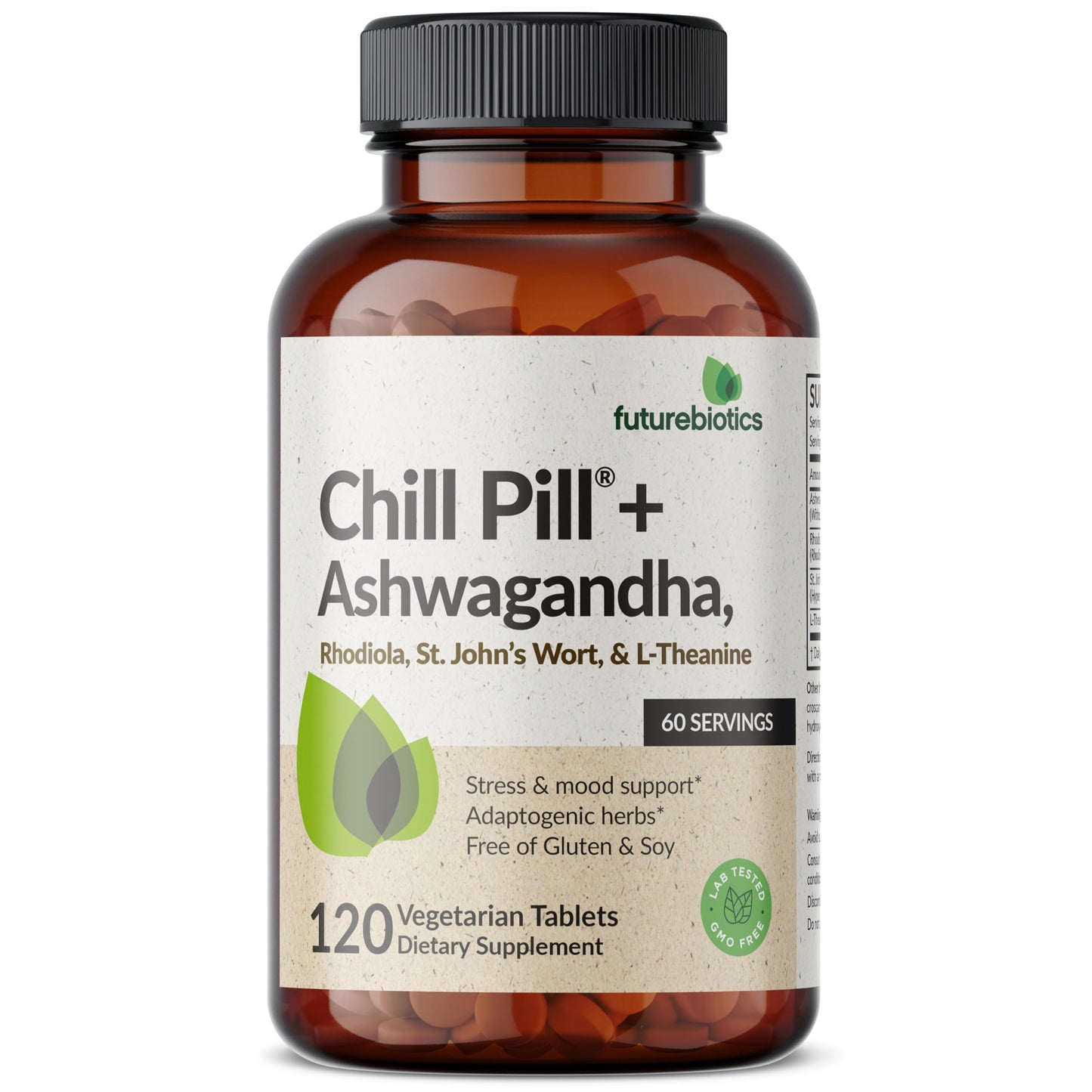 Futurebiotics Chill Pill advanced calming formula packaging showing supplement facts and adaptogen ingredients