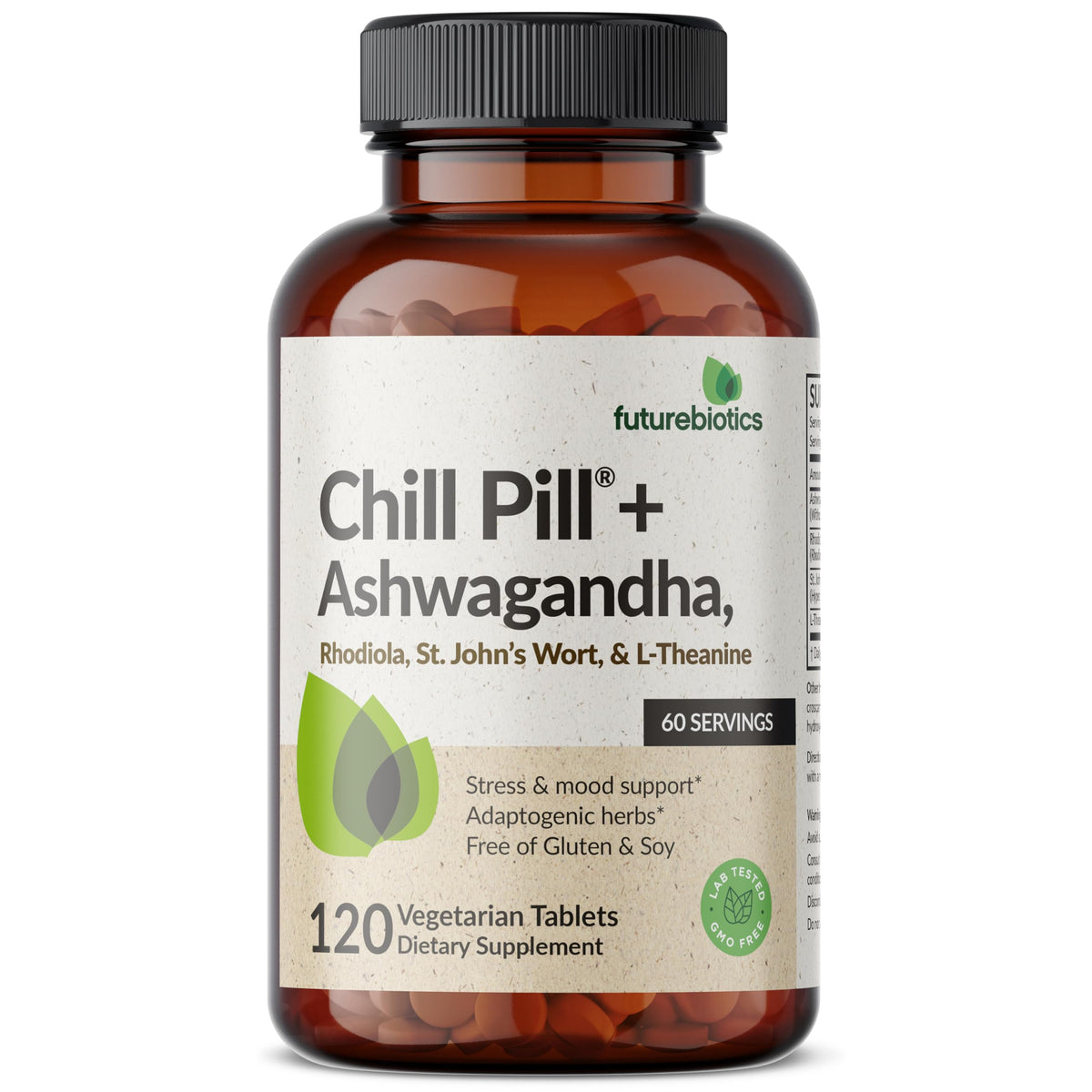 Futurebiotics Chill Pill advanced calming formula packaging showing supplement facts and adaptogen ingredients