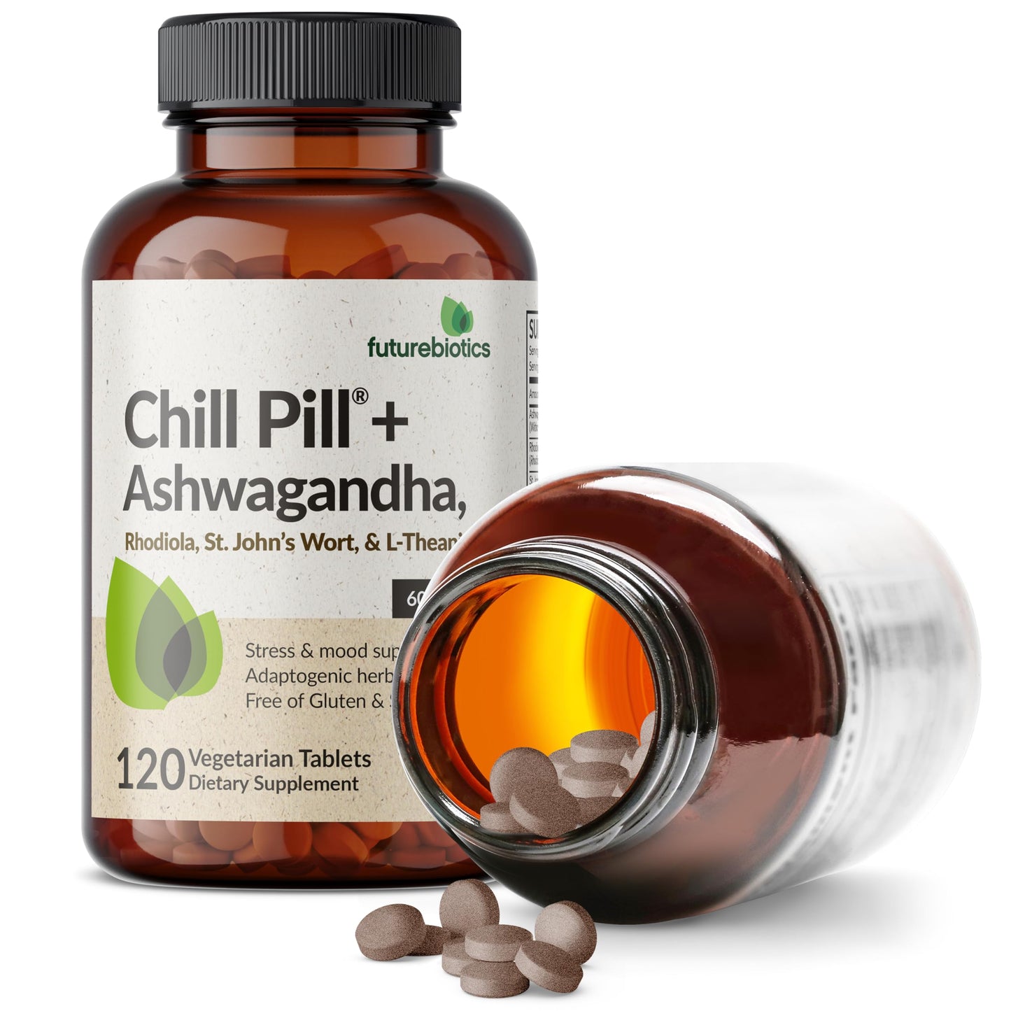 Futurebiotics Chill Pill vegetarian tablets bottle showcasing non-GMO and gluten-free seals