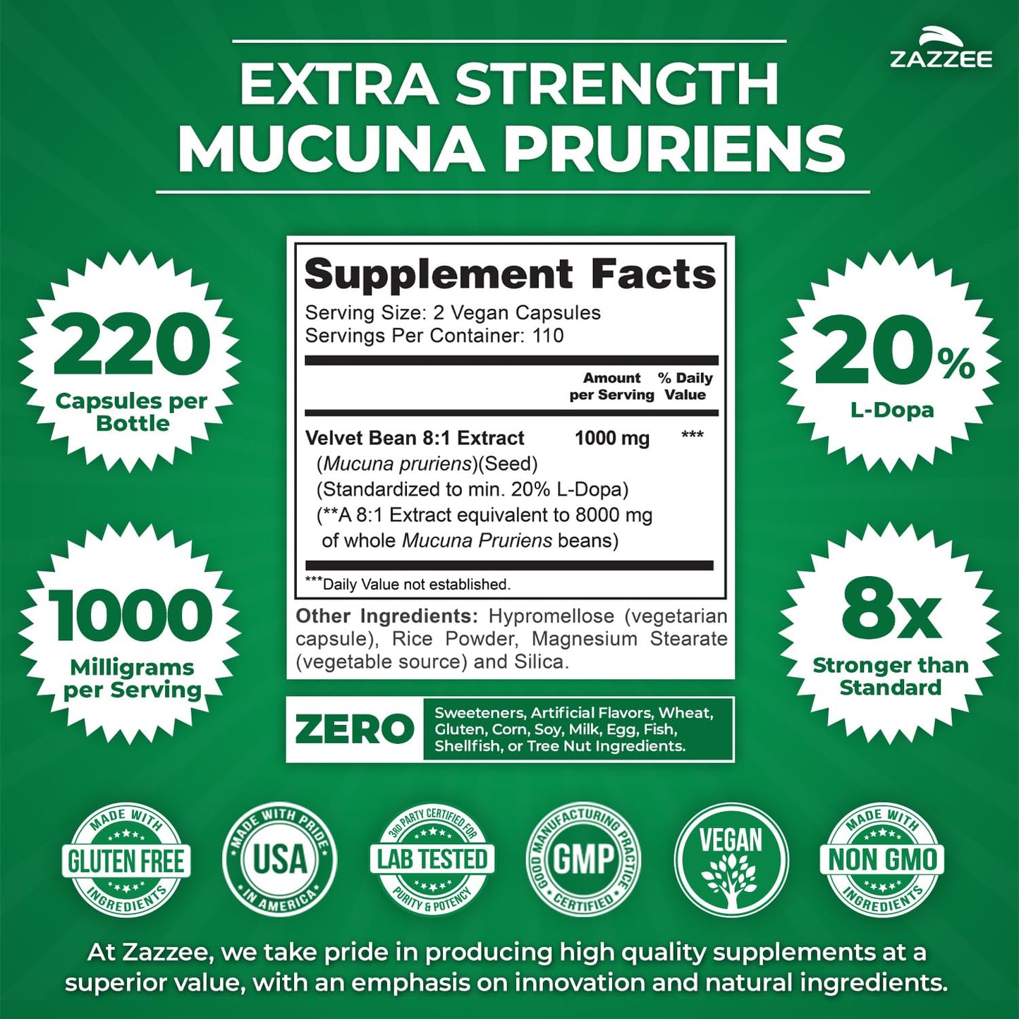 Zazzee Naturals Mucuna Pruriens supplement label detail displaying 20 percent L-Dopa extract purity
