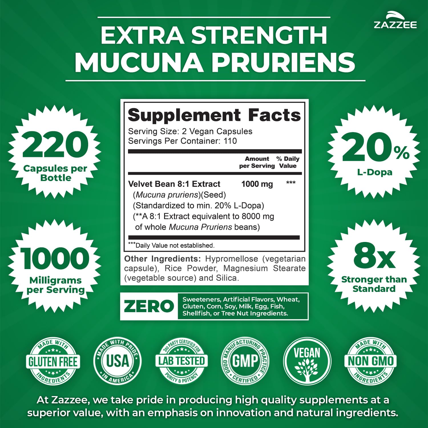Zazzee Naturals Mucuna Pruriens supplement label detail displaying 20 percent L-Dopa extract purity