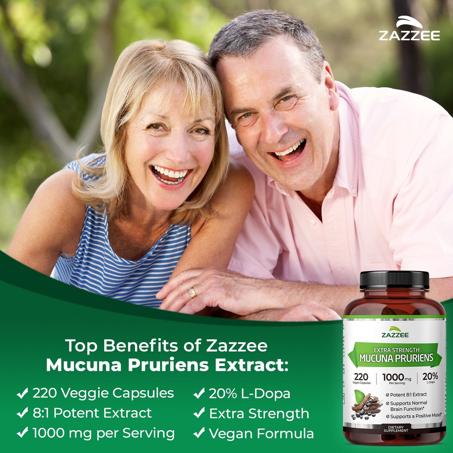 Side view of Zazzee velvet bean capsules bottle highlighting 220 vegan capsules count