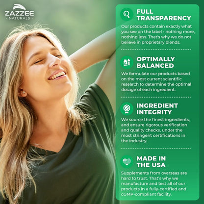 Top angle shot of Zazzee herbal brain supplement with non-GMO and gluten-free badges visible
