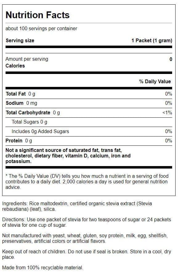 Swanson plant based calorie free sweetener individual travel friendly serving packets displayed outside the box