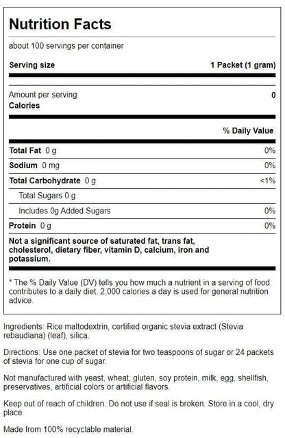 Swanson plant based calorie free sweetener individual travel friendly serving packets displayed outside the box
