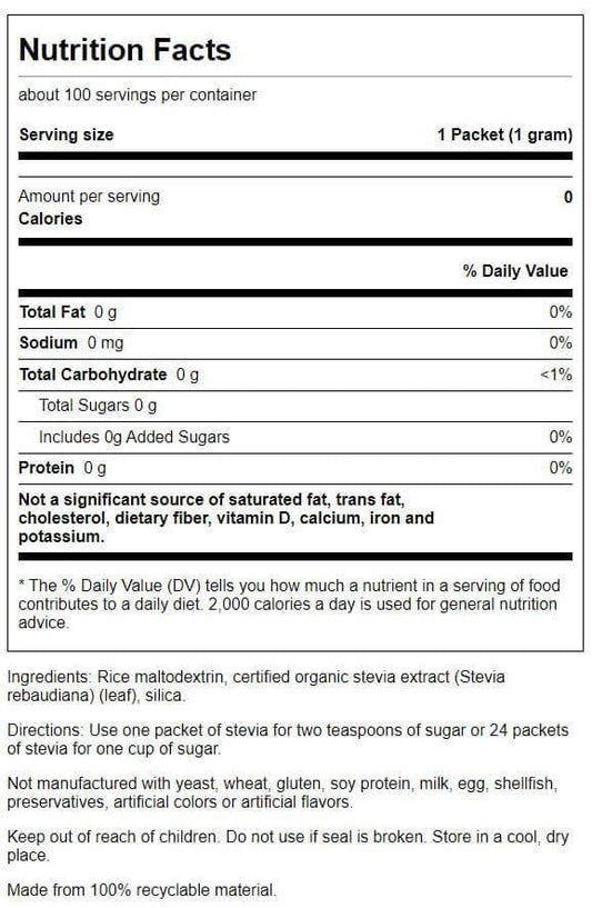 Swanson plant based calorie free sweetener individual travel friendly serving packets displayed outside the box
