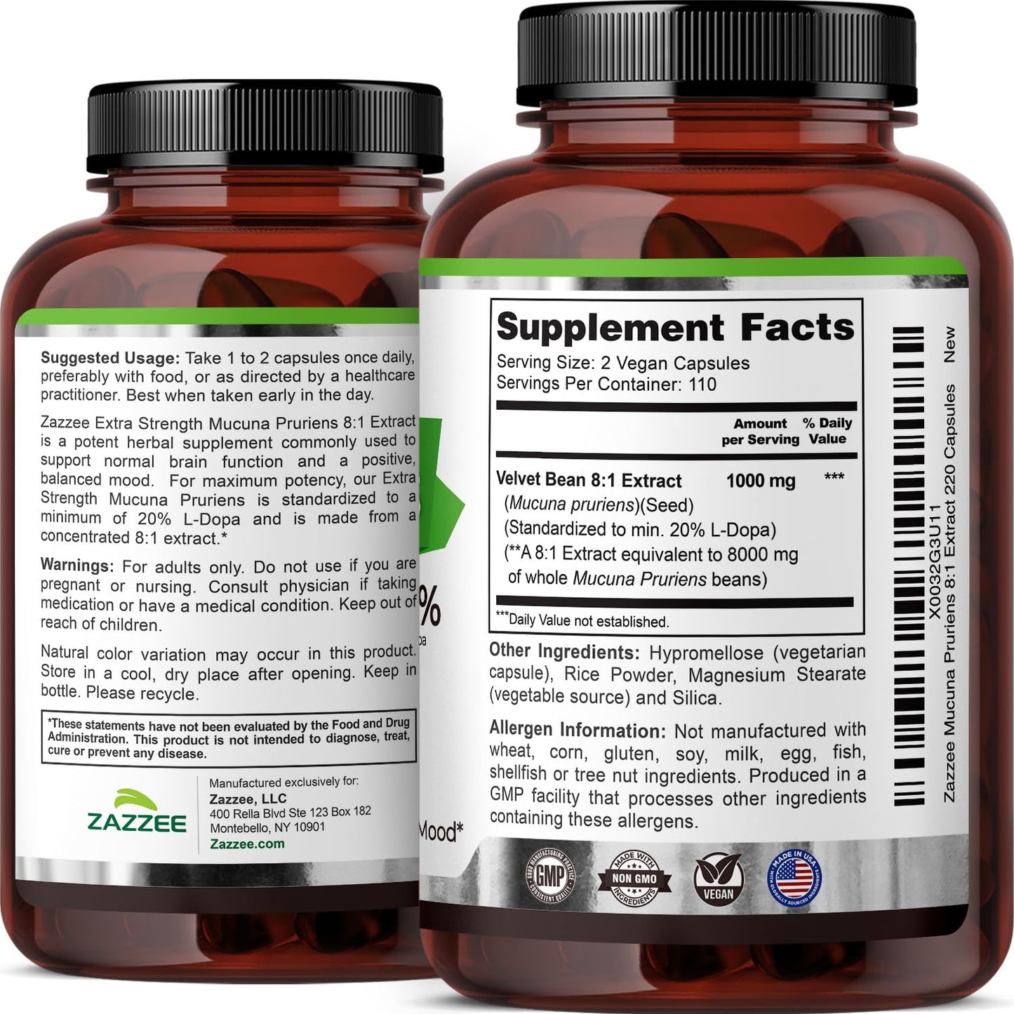 Zazzee cognitive support formula bottle showing clean manufacturing and dietary features text