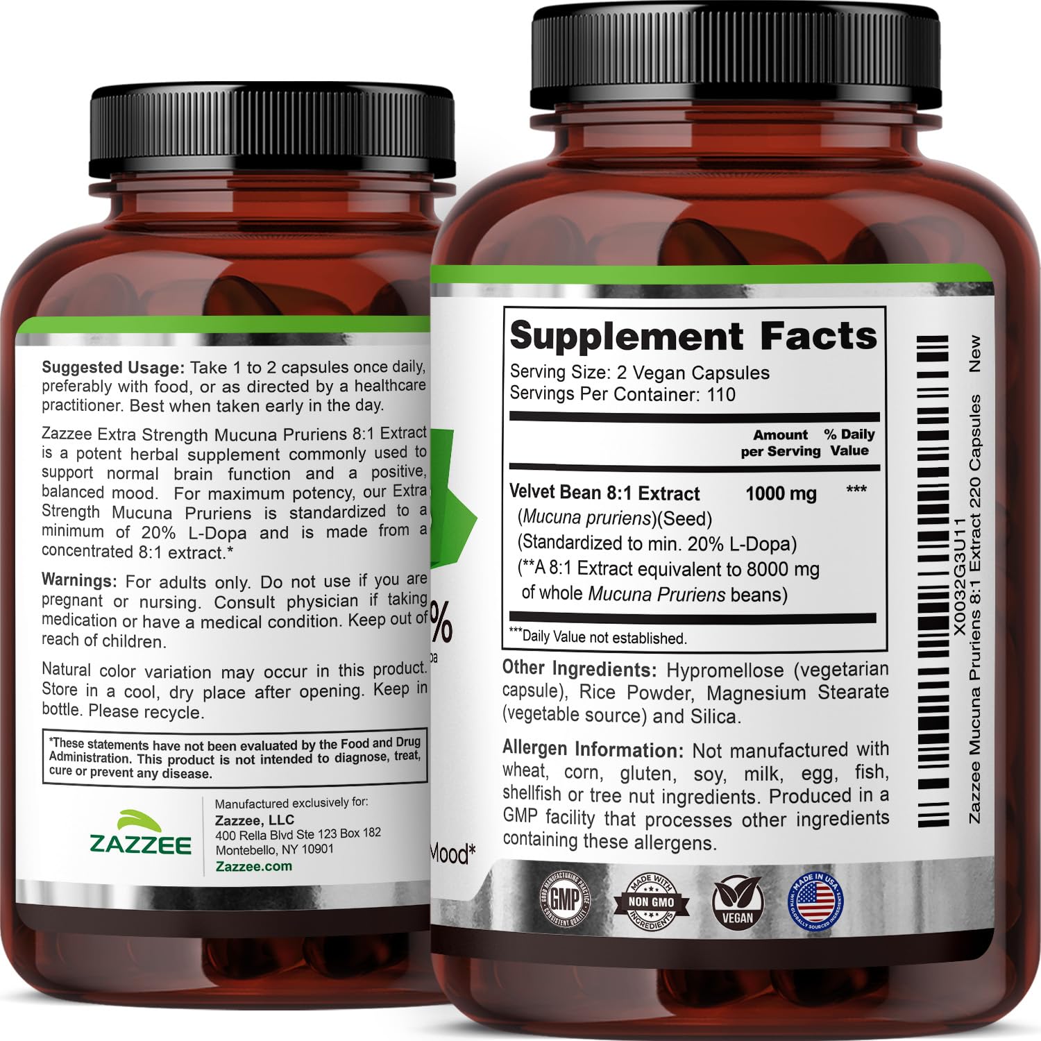 Zazzee cognitive support formula bottle showing clean manufacturing and dietary features text