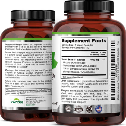 Zazzee cognitive support formula bottle showing clean manufacturing and dietary features text