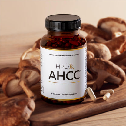 HPD Rx AHCC 90 capsules packaging showing supplement facts and serving size details