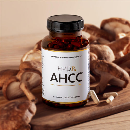 HPD Rx AHCC 90 capsules packaging showing supplement facts and serving size details