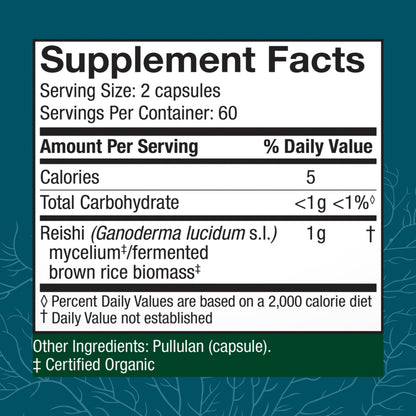 Host Defense Reishi organic capsule bottle supplement facts and ingredients label