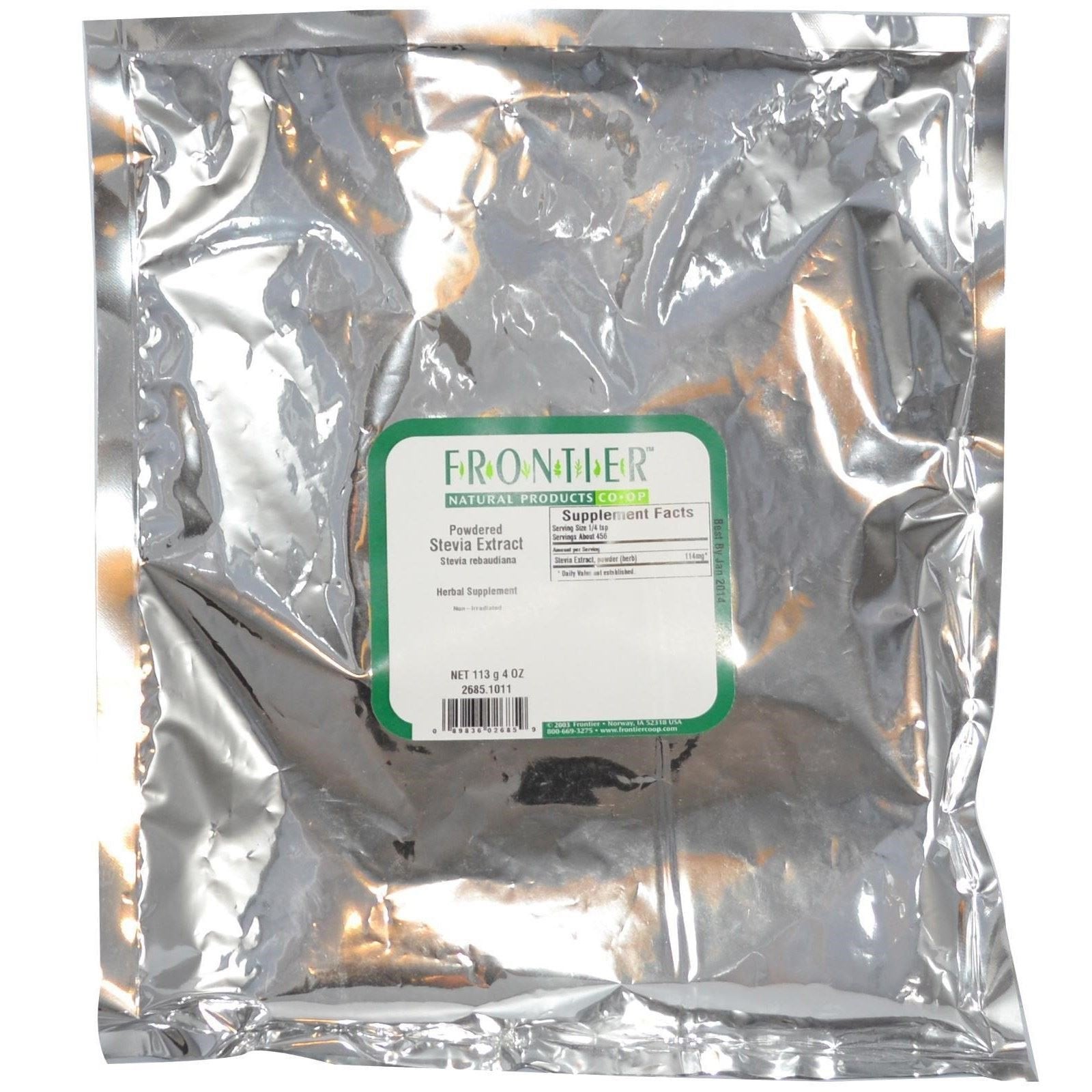 White unflavored sugar substitute powder from Frontier Co-op showing fine refined texture.