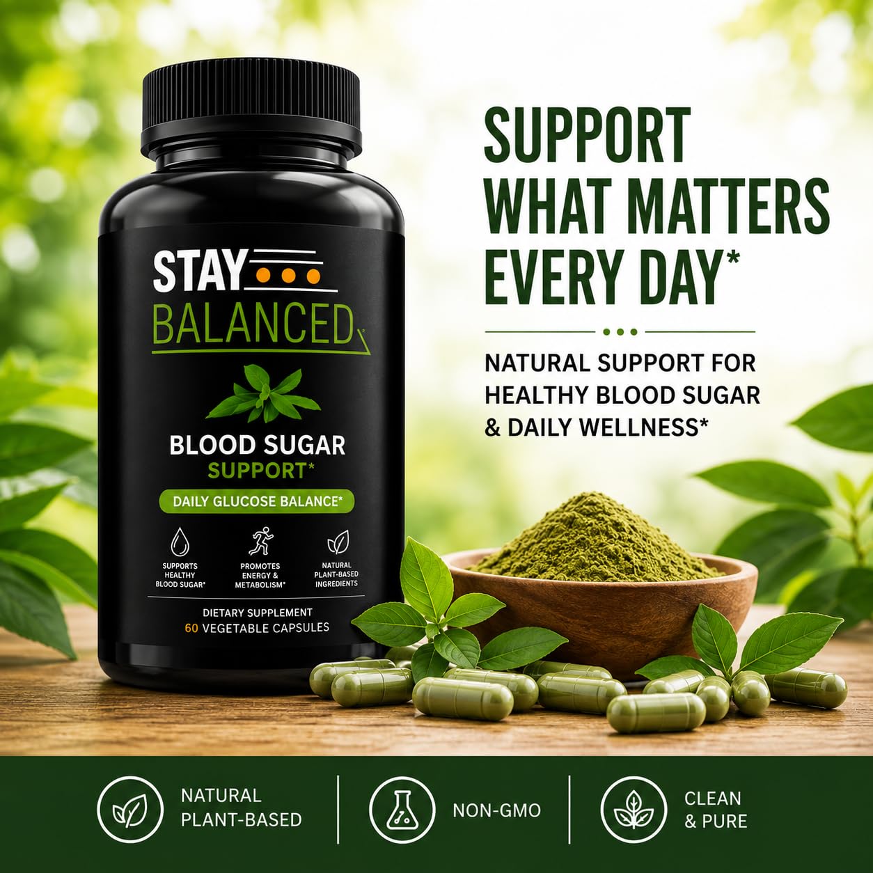 StayBalanced plant-based glucose support dietary supplement packaging showing nutritional facts and vegetable capsule details.