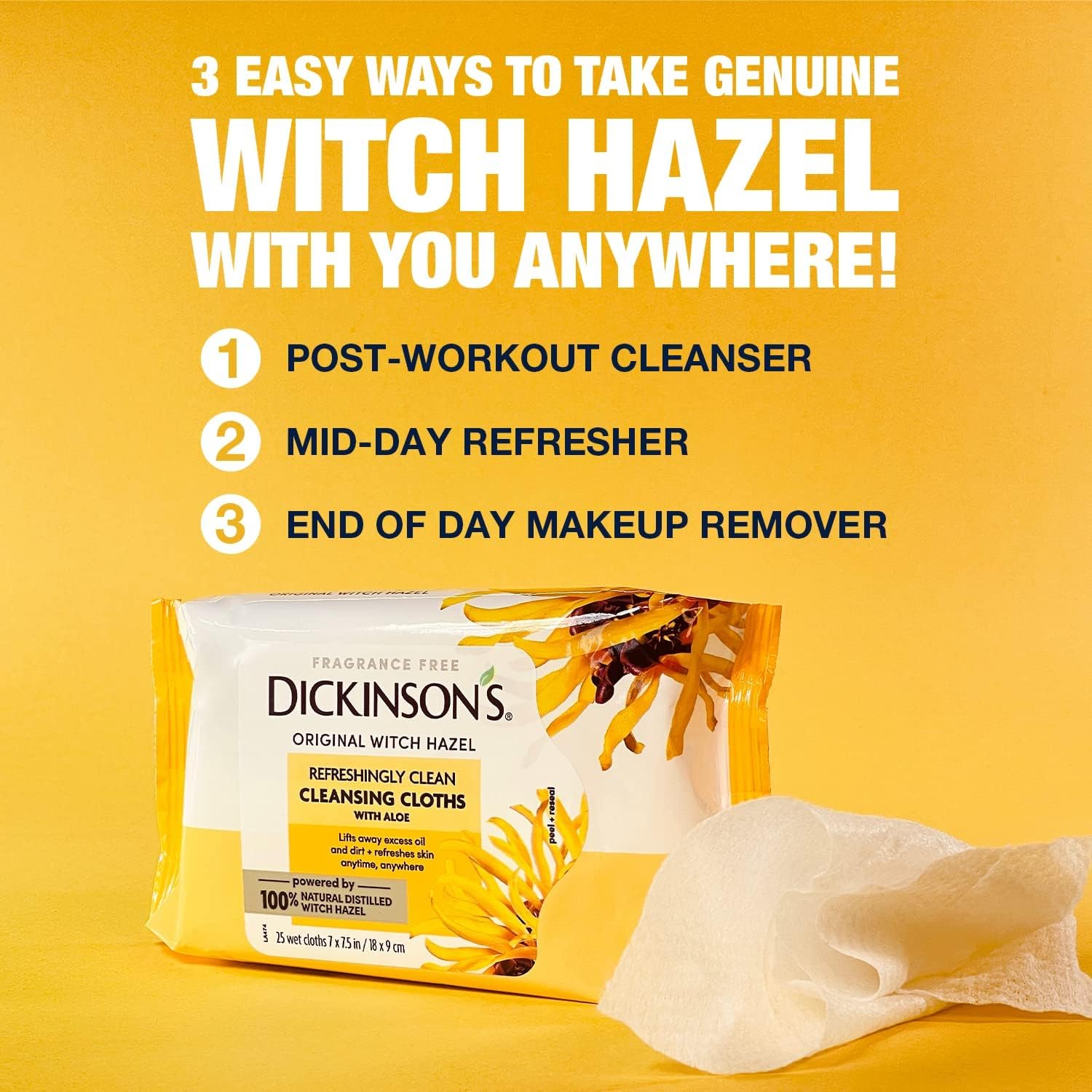 Back of Dickinson's Witch Hazel wipes pack showing ingredients and usage