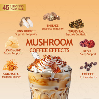 Mushroom coffee instant beverage prepared in a white ceramic mug