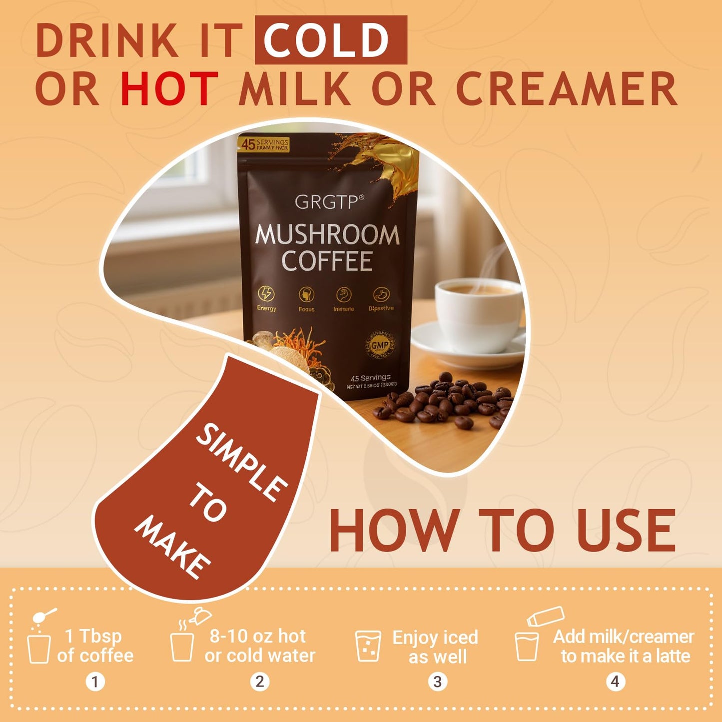 Smooth flavor wellness coffee blend with lions mane and cordyceps