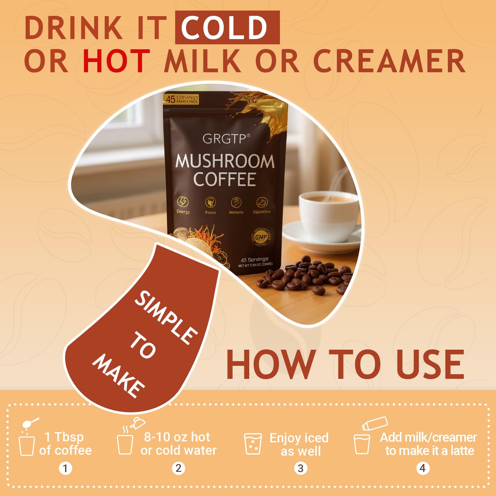 Smooth flavor wellness coffee blend with lions mane and cordyceps