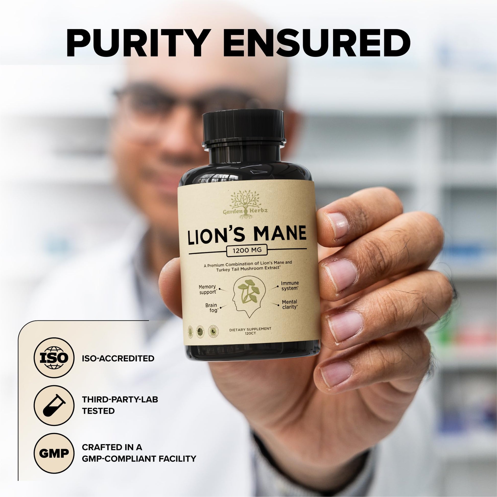 Vegan non GMO third party tested certification seals on the back label of the bottle