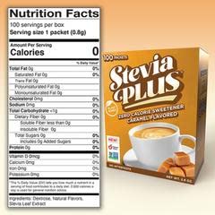 Side view of zero calorie plant based caramel sugar substitute packets for coffee and tea