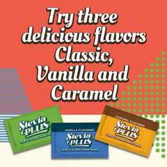 Individual single serve caramel flavored stevia sachets arranged neatly next to the main retail box