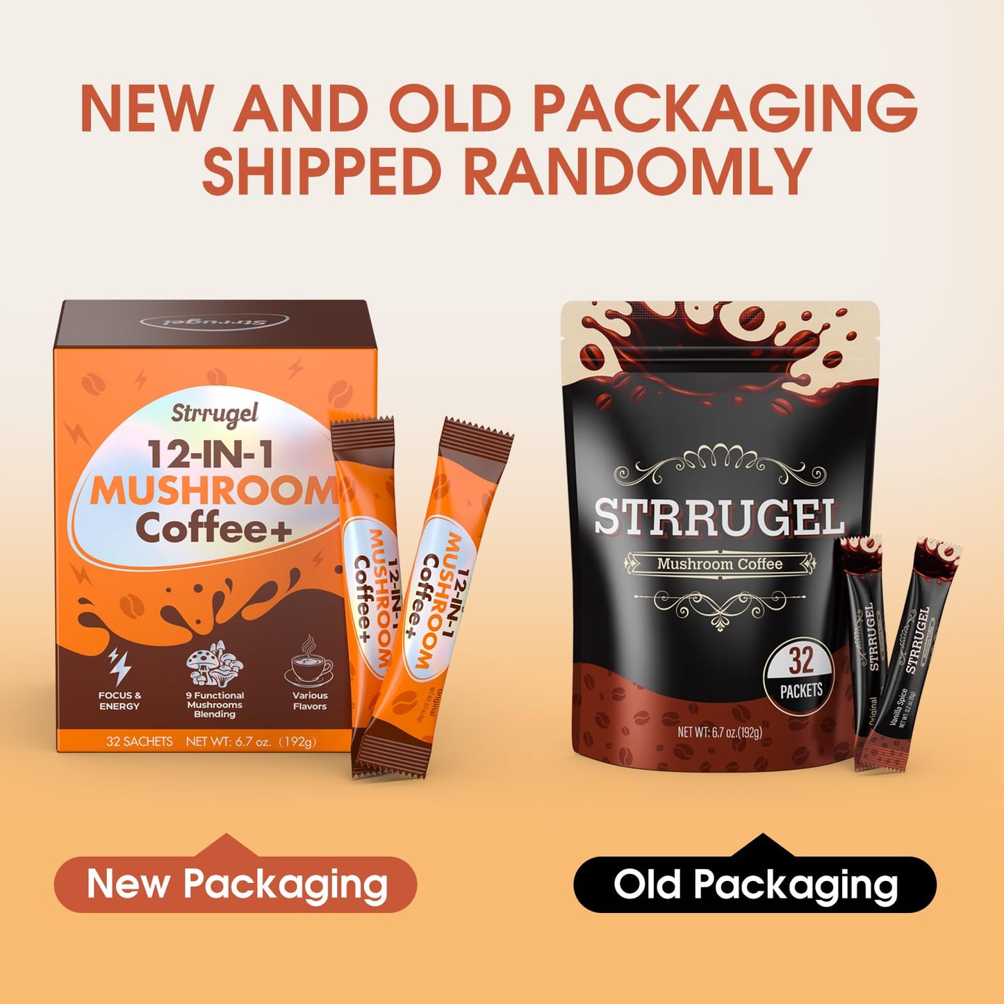 Premium adaptogenic shroom coffee powder being poured from a single-serve stick pack.