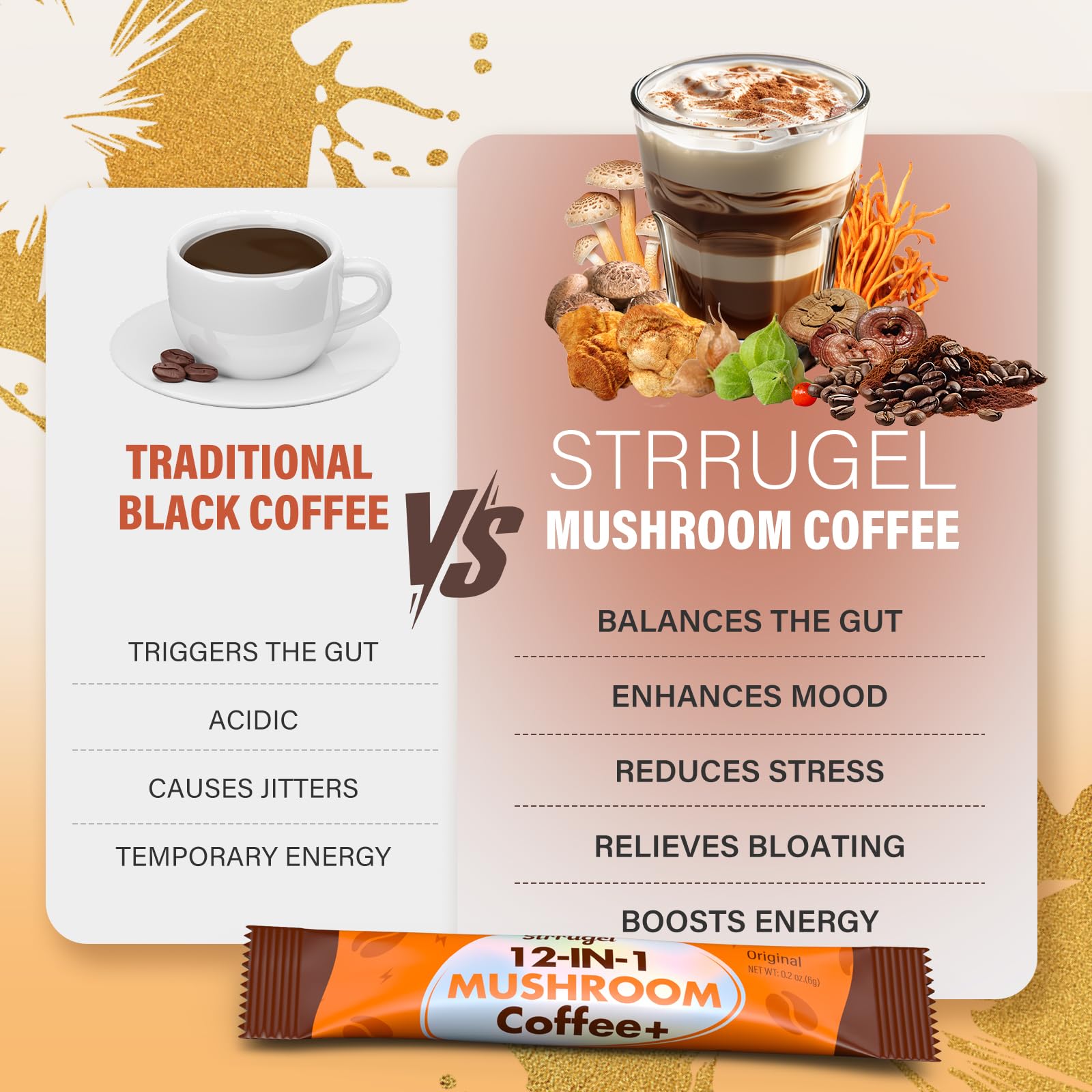 Strrugel functional mushroom coffee beverage prepared hot in a ceramic mug.