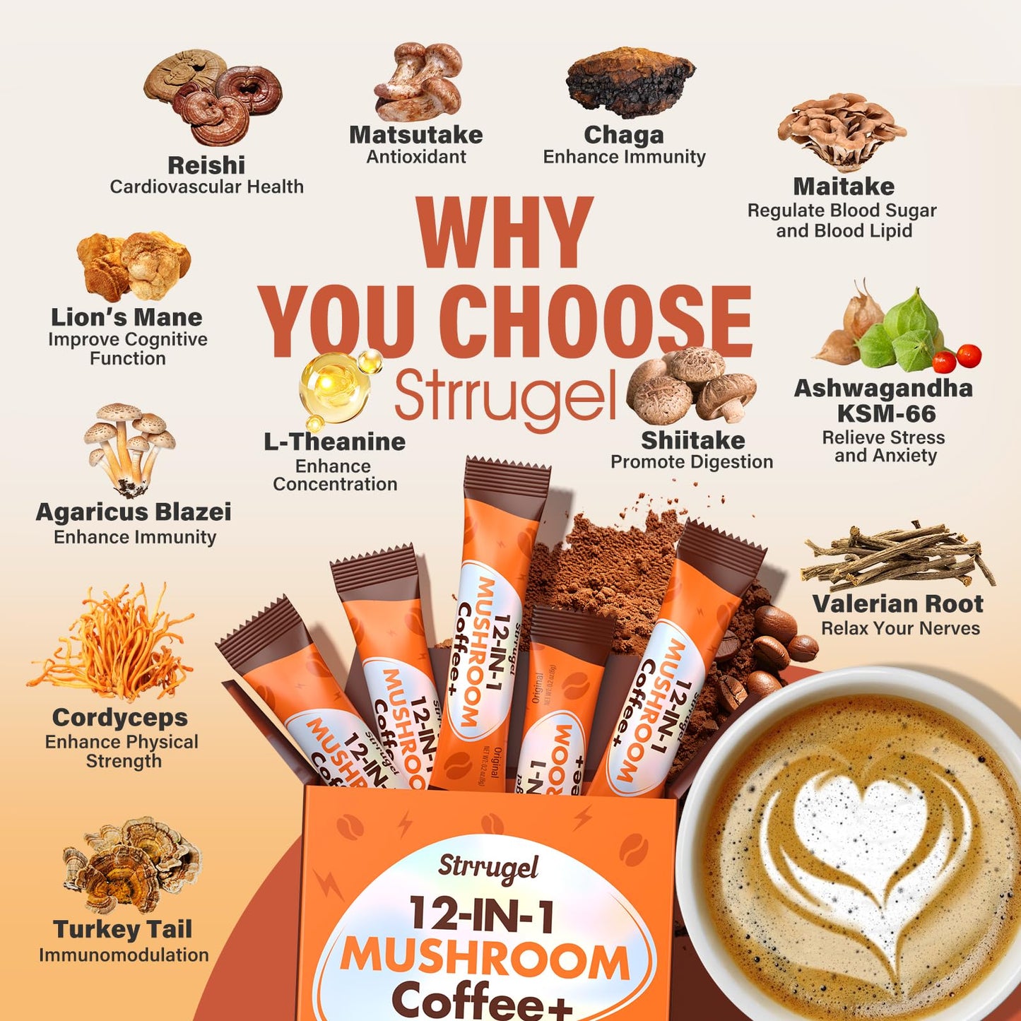 Organic mushroom coffee stick packs showing nutrition facts and clean ingredients list.
