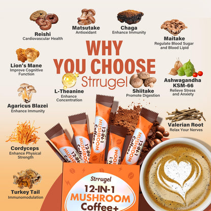 Organic mushroom coffee stick packs showing nutrition facts and clean ingredients list.