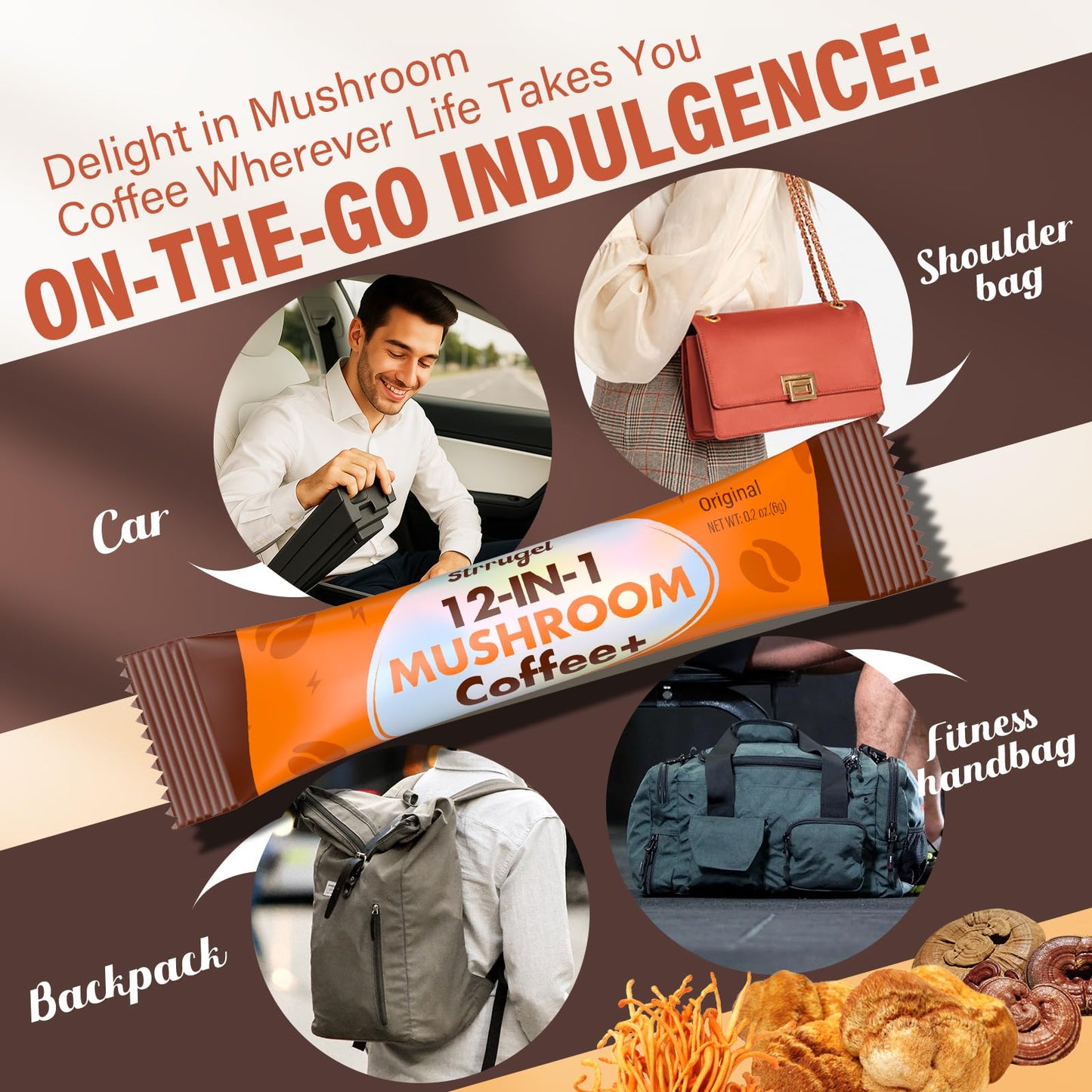 Vegan gluten free mushroom coffee packaging displaying organic certifications.