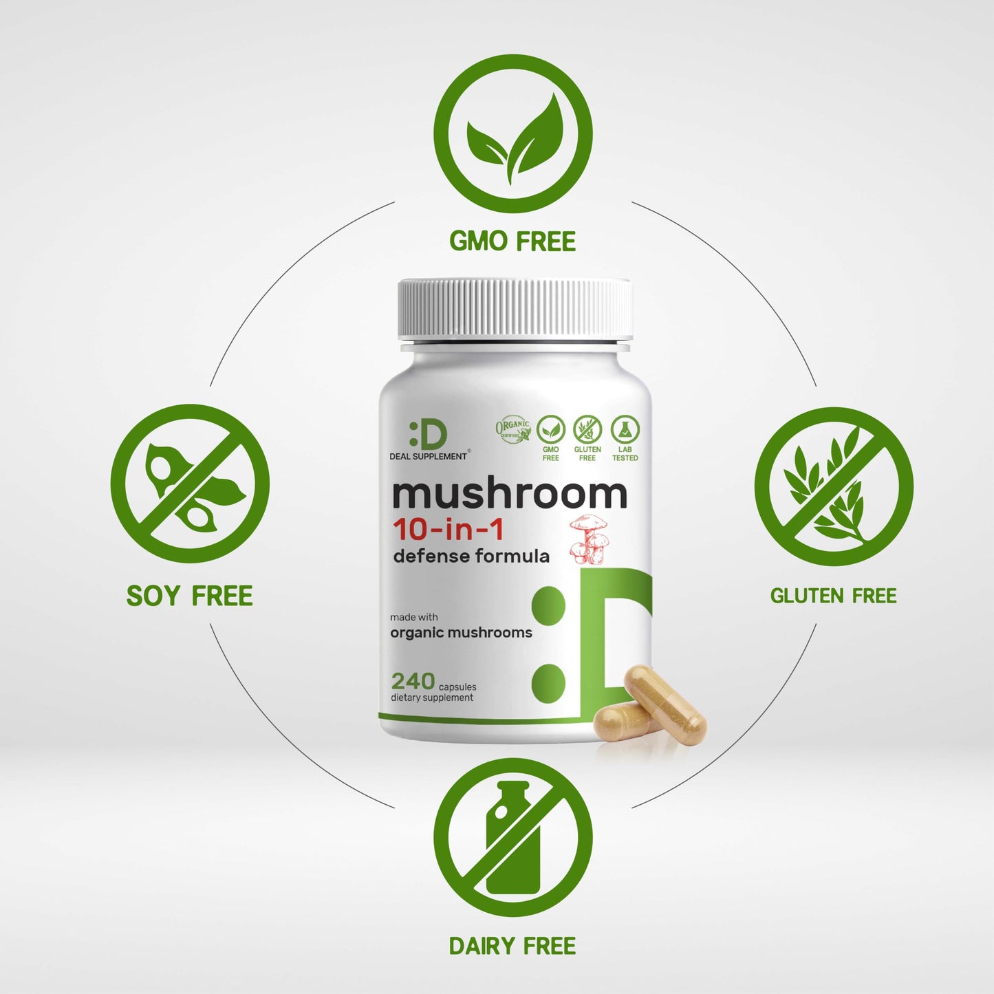 Supplement facts and organic ingredients label of Deal Supplement Mushroom Defense Formula