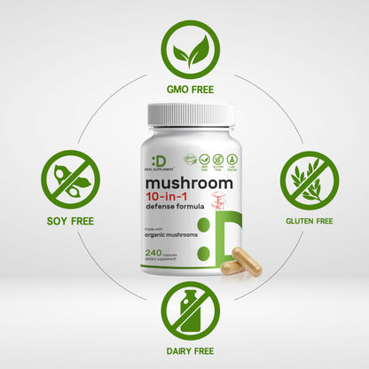 Supplement facts and organic ingredients label of Deal Supplement Mushroom Defense Formula