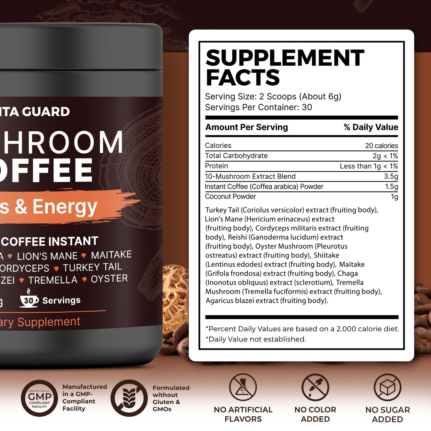 Vita Guard functional coffee container showing ten adaptogenic mushroom ingredients