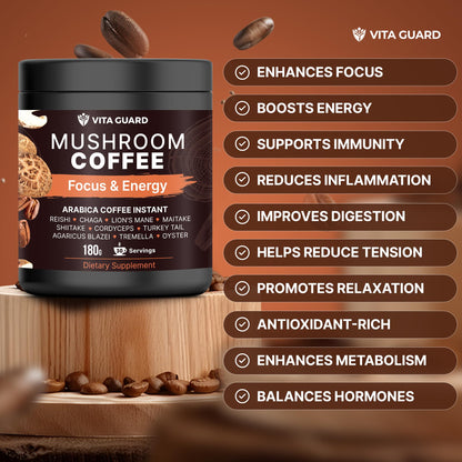 Vita Guard 10 mushroom coffee mixed into a creamy hot beverage