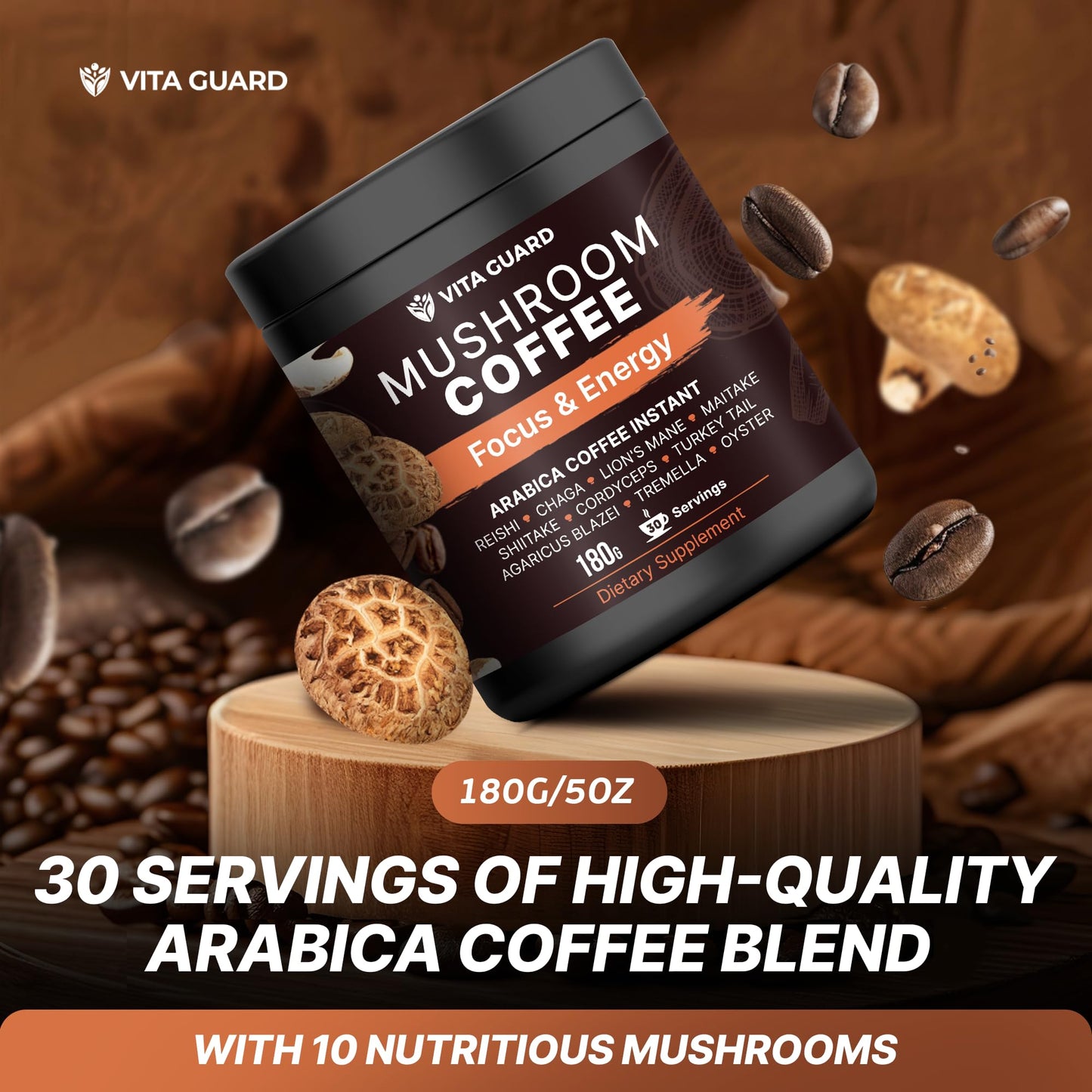 Vita Guard premium USA imported mushroom coffee packaging closeup
